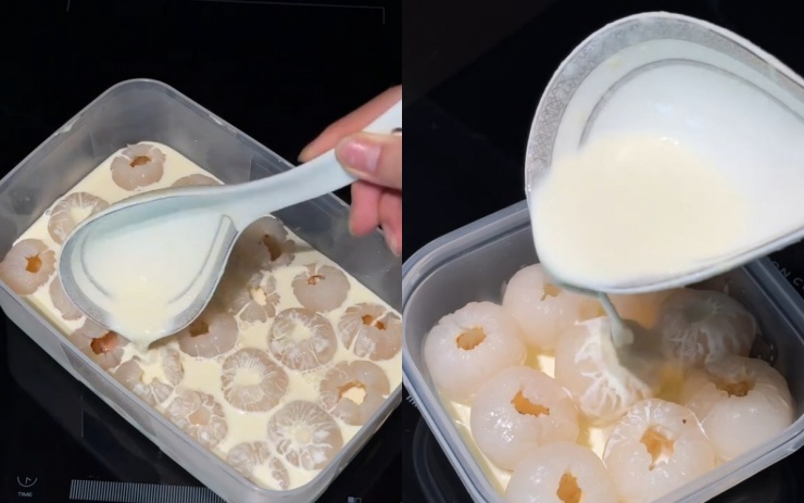 Xếp cùi vải vào khuôn và rót hỗn hợp sữa còn nóng lên trên cho ngập phần vải. Để nguội và cho vào tủ lạnh 4 – 6 tiếng cho đông lại.