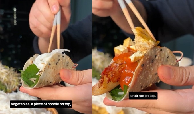 Khi ăn, các nguyên liệu như bún, đậu rán, riêu cua... được nhồi vào vỏ bánh taco.