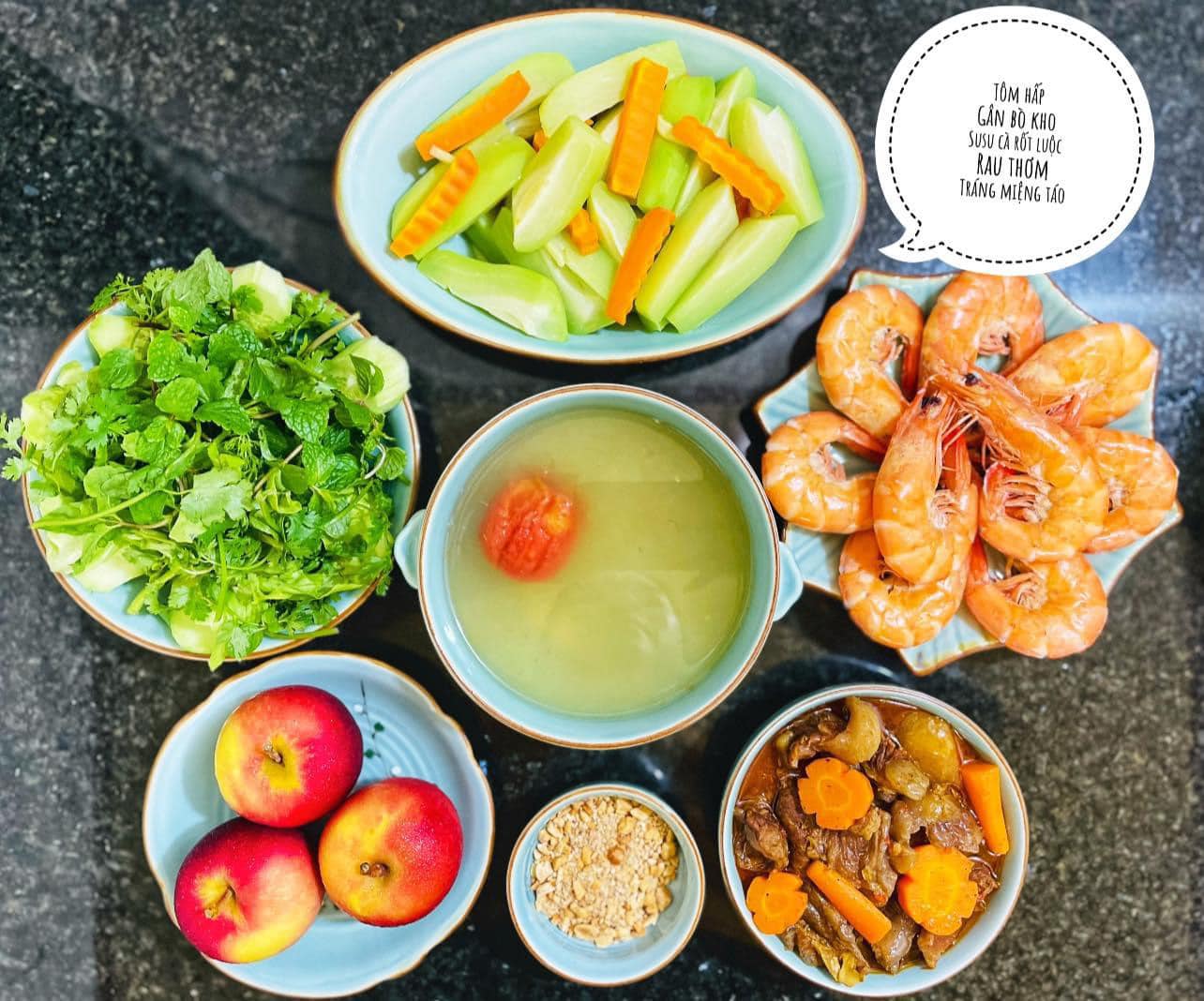 Tôm hấp - Củ quả luộc - Gân bò kho